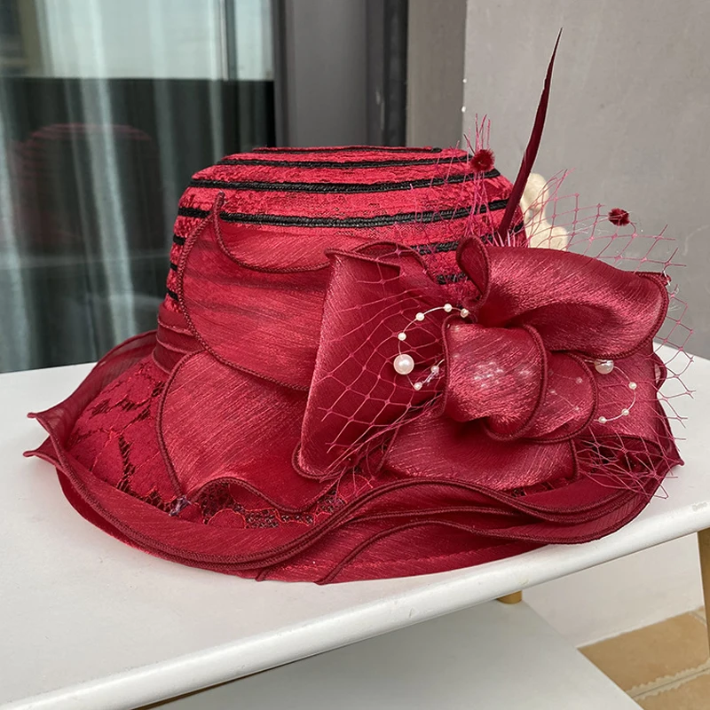 2024Ladies Fascinator Millinery Church Hat Elegant Bow Wide Brim Bucket Hats Kentucky Derby Fedora Women Summer Foldable Sun Cap