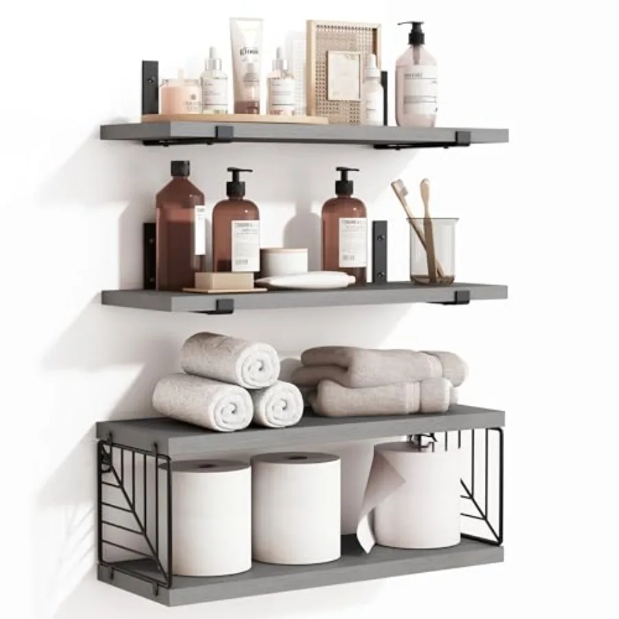 

3+1 Tier Bathroom Floating Shelves Over Toilet 15.8in Farmhouse Rustic Wood Shelves Gray Wall Decor for Bathroom Living Room Be