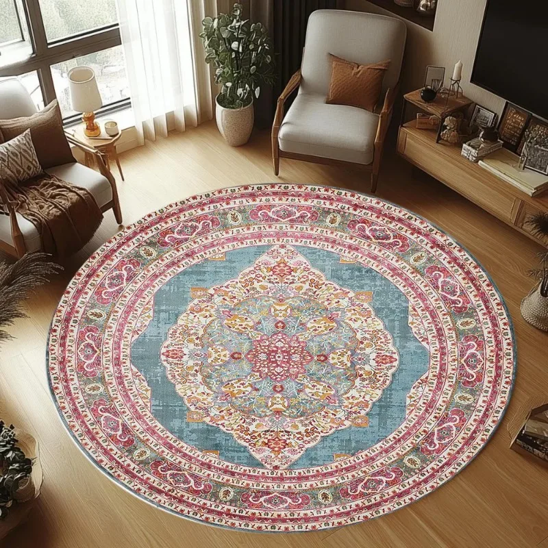 Vintage Flowers Pattern Living Room Round Carpet Boho Ethnic Style Area Rug Soft Non-slip Floor Decor Mat for Bedroom