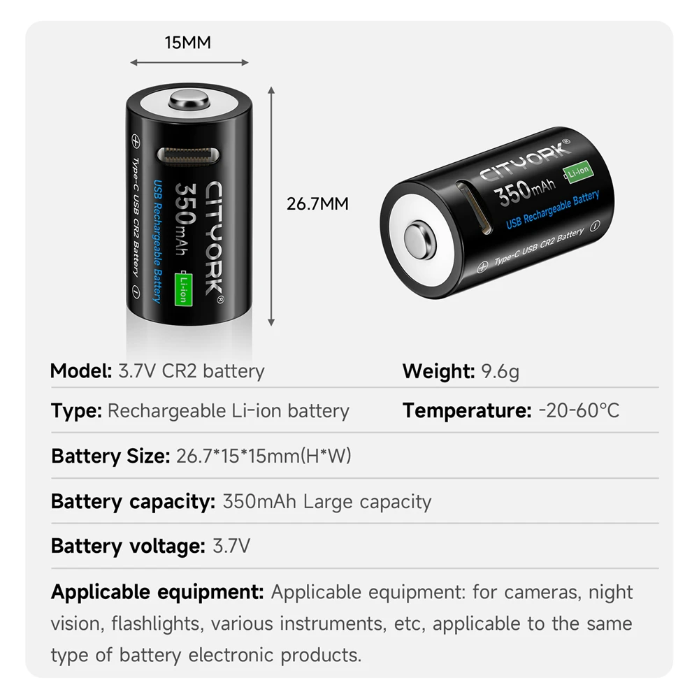 CITYORK 3.7V CR2 350mah Rechargeable Li-Ion Battery for Digital Camera,GPS Security , Medical Equipment USB Fast Charging Port C