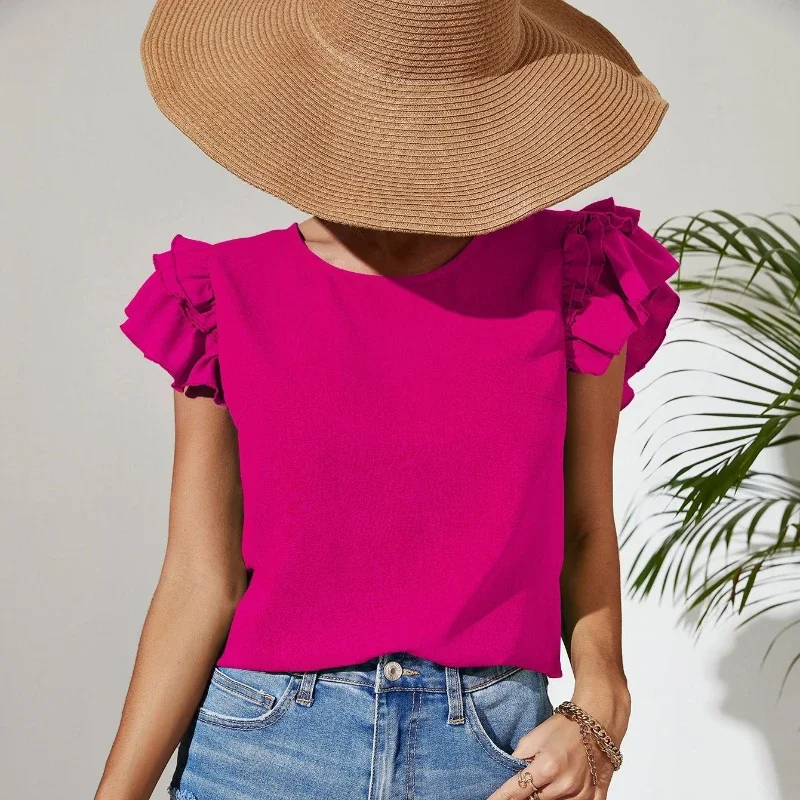 Elegant Casual Women Top Temperament Commuter Round Neck Comfortable Breathable Short Sleeve Ruffle Sleeves Trendy Female Blouse