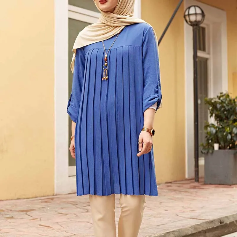 Muslim Women Islamic Tunic Pleated Long Sleeve Lady Long Shirts Abaya Dubai Vintage Blouse Spring Autumn Chemise Femme Musulmane