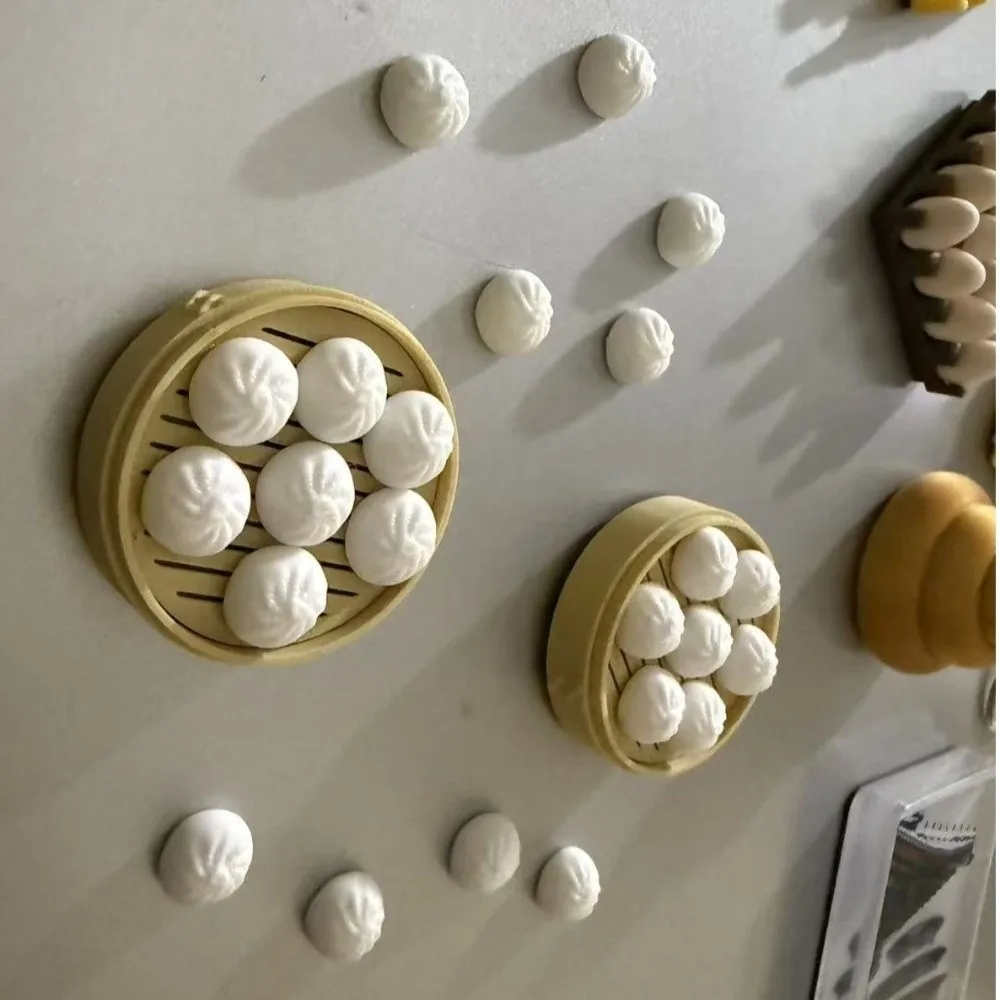 Cute Simulation Steamed Buns/Dumplings Fridge Magnet 3D with Steamer Fridge Sticker Refrigerator Magnet Home Kitchen
