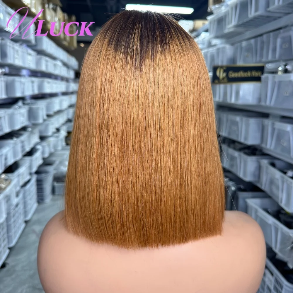 Uluck Doppio Disegnato Breve Parrucca Diritta Bob Ombre Parrucche Dei Capelli Umani di Colore Marrone 300% Densità 2x6 Parrucche Frontali Del Merletto Per Le Donne Nere