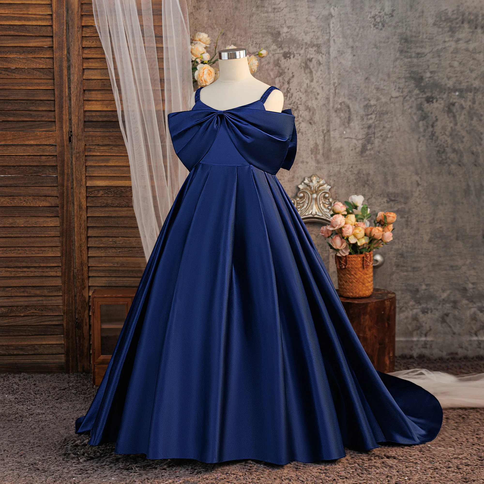 Satin-Hochzeitskleid für Mädchen, Elegantes Prinzessinnenkleid für Erstkommunion, Party, Brautjungfern, Abschlussball, Weihnachten, Neujahr, Abendkostüm – Detail 19