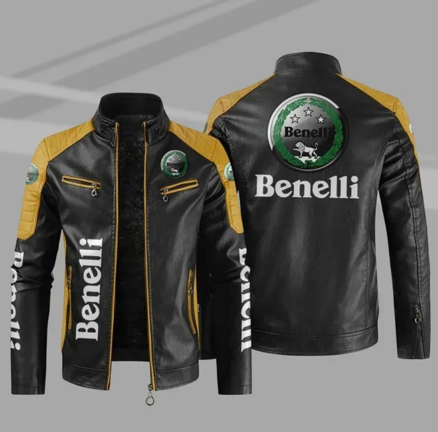 Benelli-Veste de moto en cuir PU pour hommes, vestes de motard patchwork, manteau à fermeture éclair décontracté, vêtements d\'extérieur pour hommes