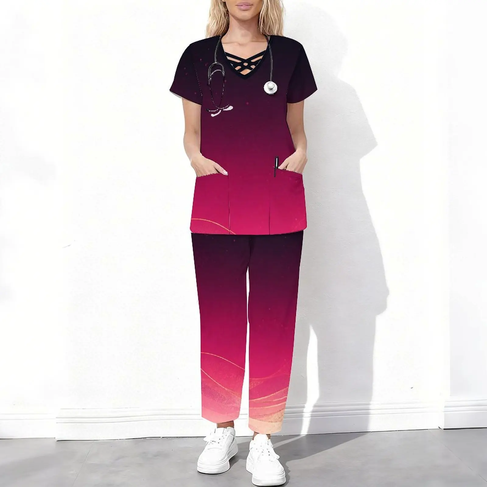 Women Gradient Print Short Sleeve Cutout V Neck Pocket Scrub Top + Long Pants 2 Piece Set
