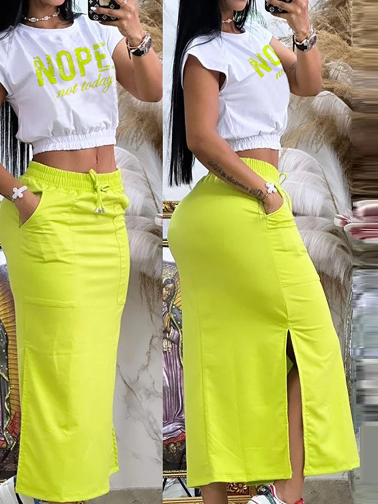 2024 Summer Two Piece Sets Women Outifit Fashion Print Colorblock O-Neck Short Sleeve Crop Top & Casual Striped Pocket Skirt Set