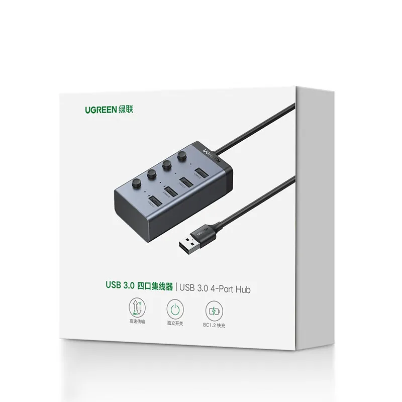 محور USB 3.0 يعمل بالطاقة UGREEN، محول USB ذو 7 منافذ مع 4 منافذ شحن ذكية، مقسم USB مع مفاتيح تشغيل/إيقاف LED فردية