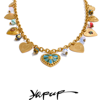 Yhpup 2025 Exquisite Stainless Steel Ceramic Beads Heart Love Drop Necklace High Quality Golden Charm Jewelry Recommend
