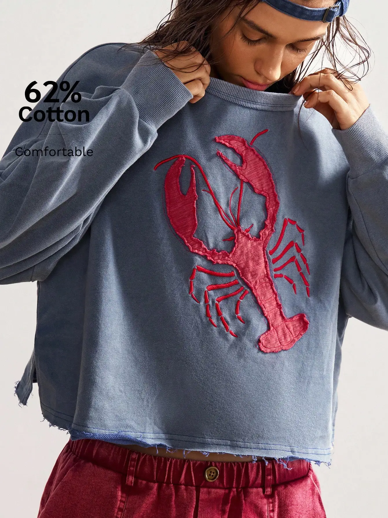 

Женская укороченная толстовка с вышивкой в виде лобстера, 62% хлопок, свободный крой, длинный рукав, для осени/зимы