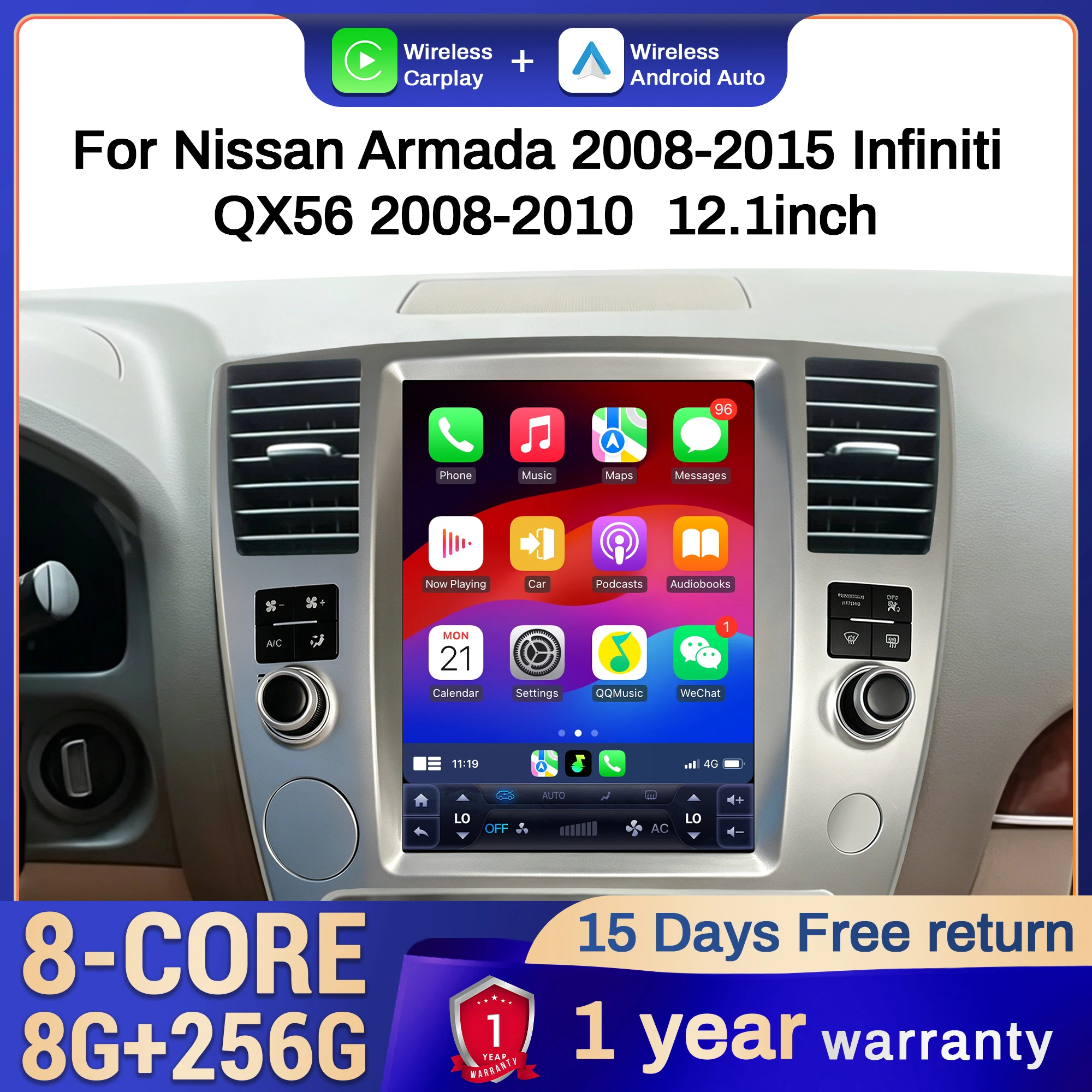 12,1-дюймовая автомобильная магнитола для Nissan Armada 2008-2015, Infiniti QX56 2008-2010, 4G, беспроводной Bluetooth, CarPlay