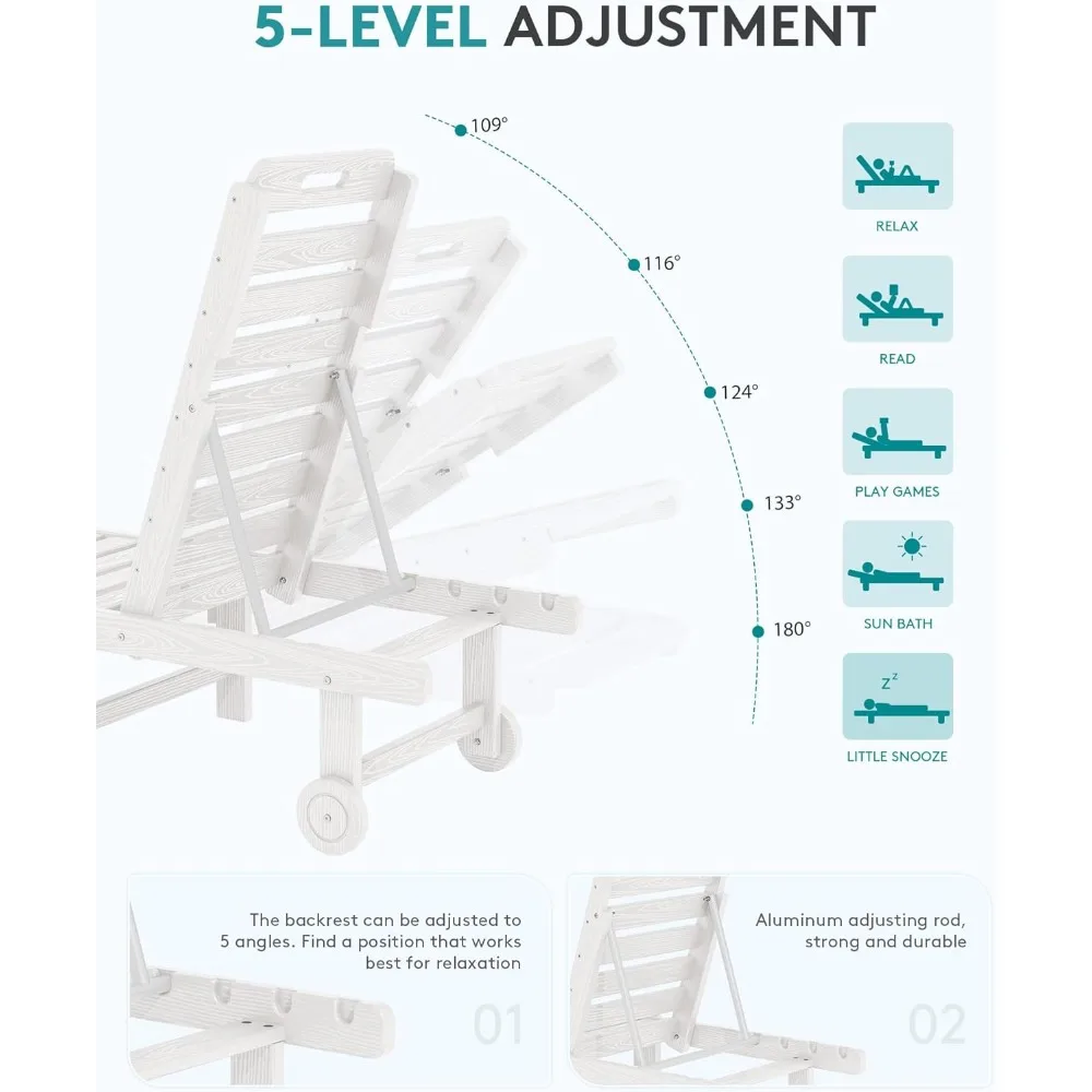 كرسي استرخاء خارجي قابل للتعديل، بطول 78، مسند ظهر بـ 5 أوضاع، مادة HDPE متينة، استرخاء الفناء مع رسوم دوارة #4