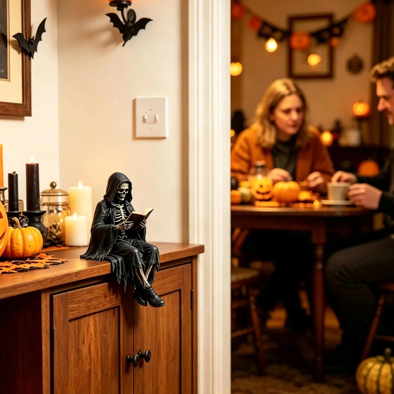 3D Mysterious Halloween Statue Gothic Black Fantasy Spooky Robed Figure Bookshelf Sculpture Spooky Sitting Statues Desktop Ornam