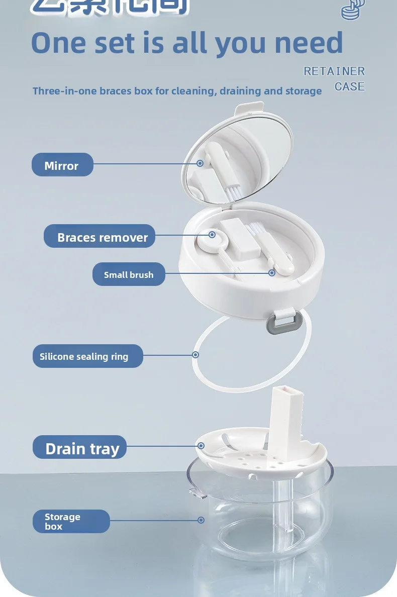 Drei-in-Eins Multifunktions-Zahnspangenaufbewahrungsbox, neues Design, Reinigungs- und Abtropfbox für kieferorthopädische Geräte – Detail 3