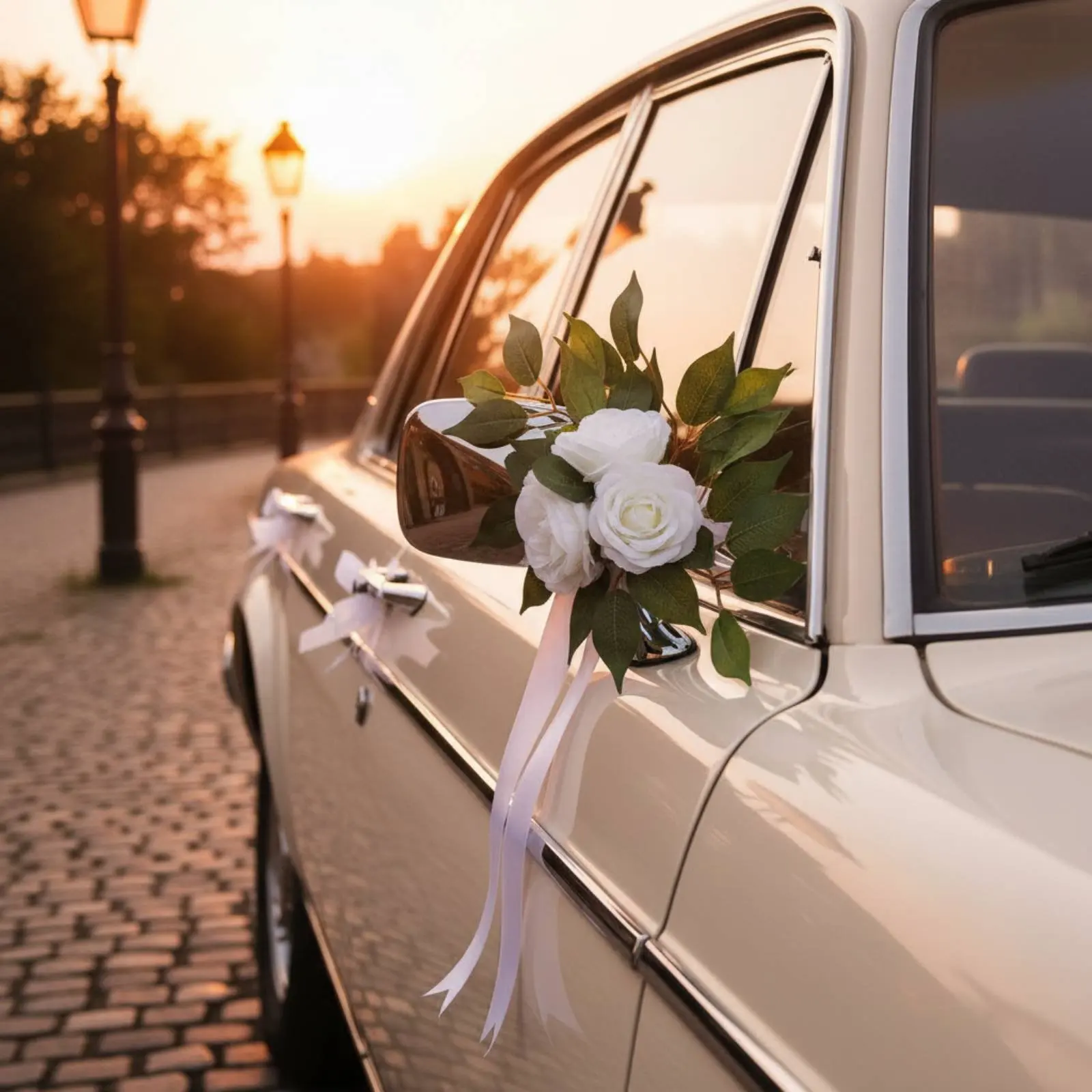 Bridal Car Flower Set Handmade Wedding Car Flower Garland Vehicle Decor Pastoral Design Easy to Install for Brides