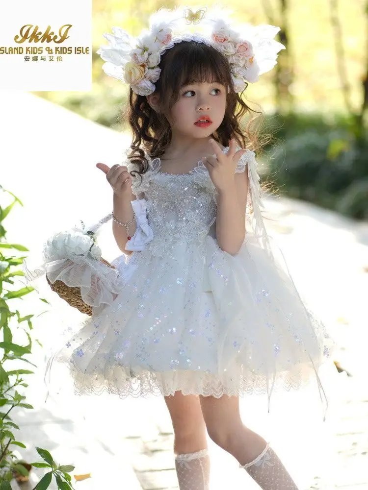 Baby Girls Summer Sweet Lolita Shiny White Lace Floral Princess Ball Gown Bow Gauze Dress Wedding Party Children Eid Clothes
