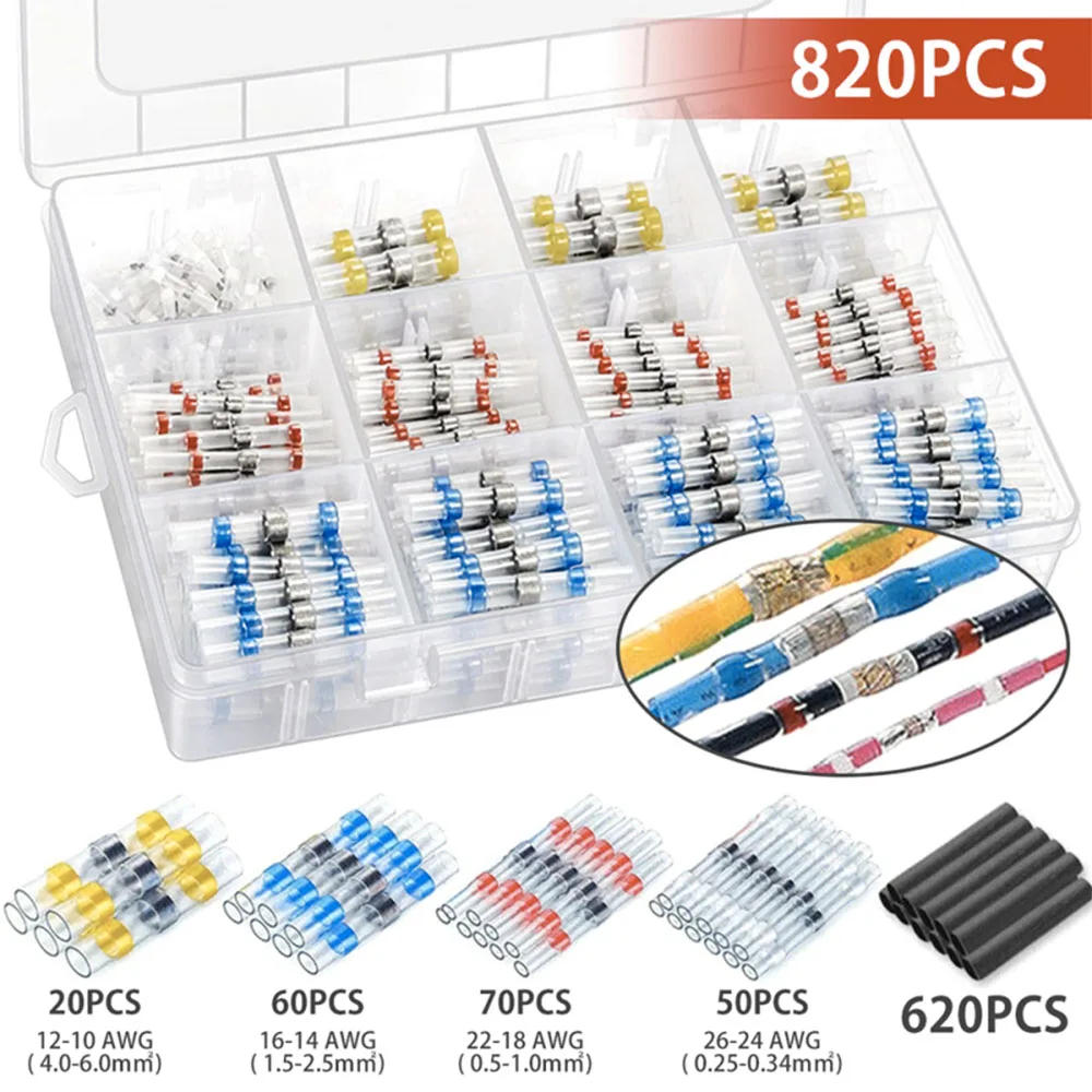 820Pcs Solder Seal Wire Connectors, Heat Shrink Butt Connectors, Waterproof and Insulated Electrical Wire Terminals, Butt Splice