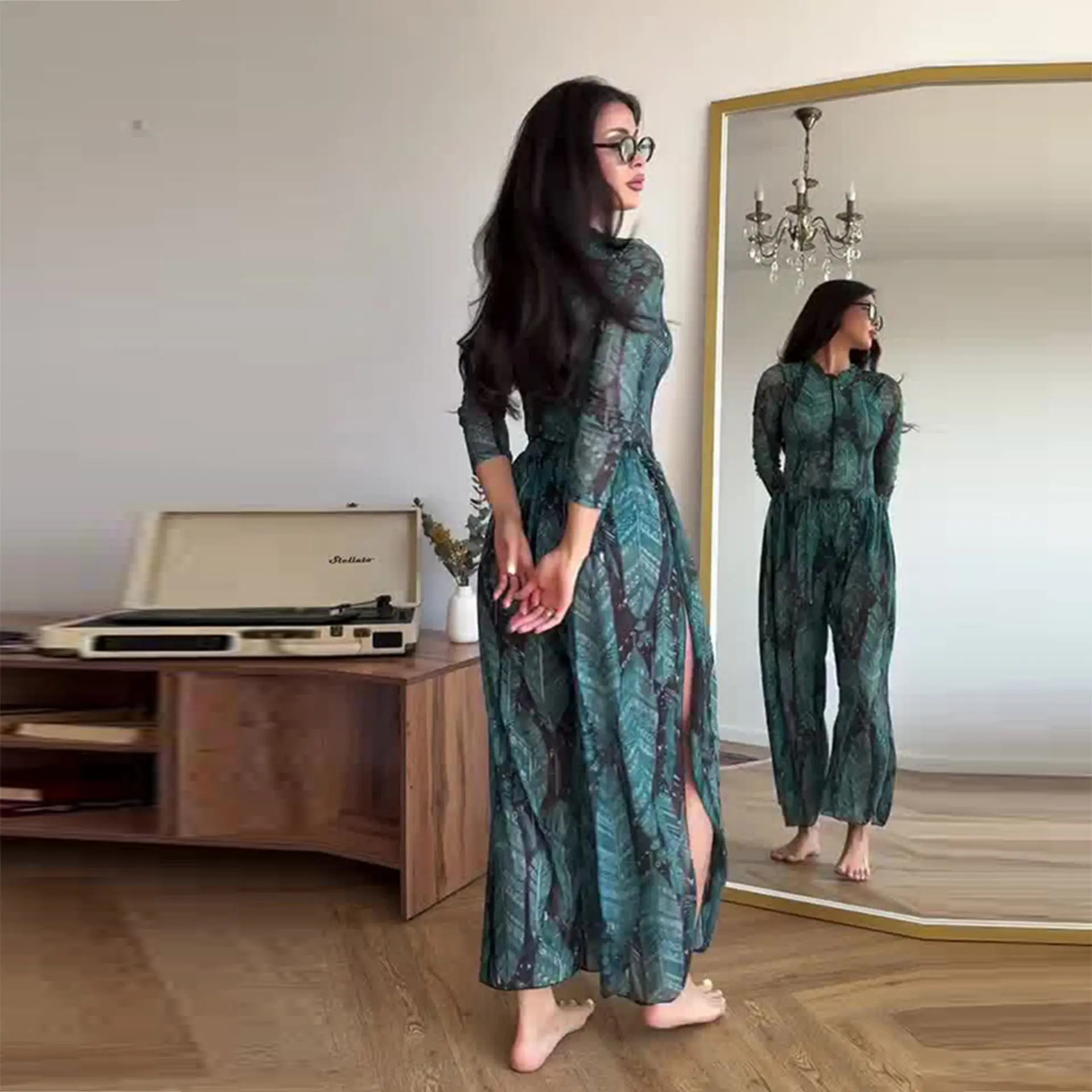 2025 American New Fashion Women's Summer Casual Trendy Printed Loose 2 Piece Swimming Sets Long Sleeve Cardigans Jumpsuit Female