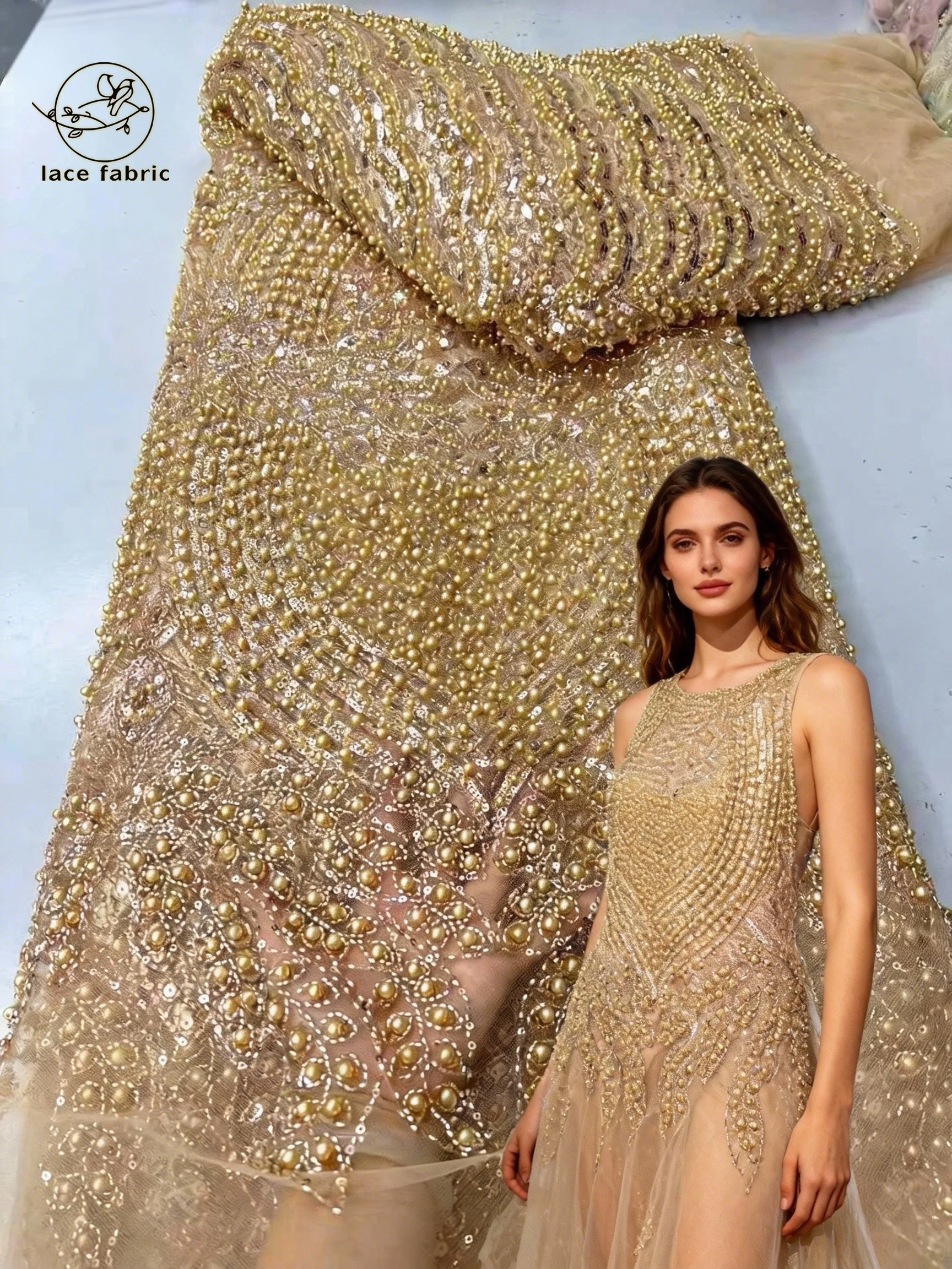

Fashion Gold Lace Fabric 2026 High Quality Mesh Sequins Embroidery French Nigerian Beaded Lace Fabrics For Bridal Wedding Dress