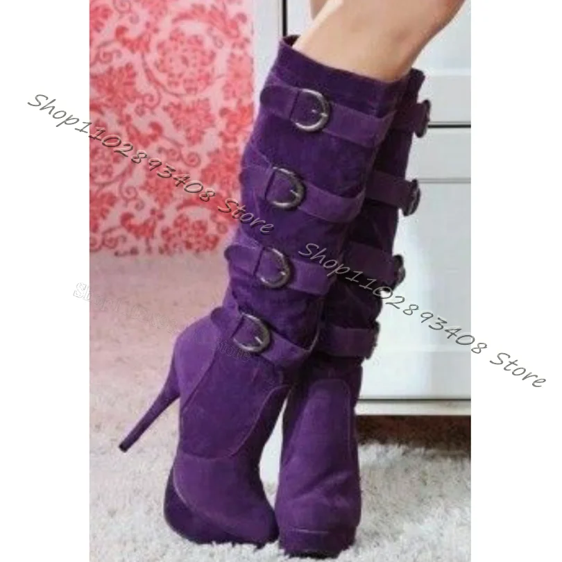 

Purple Flock Buckle Decor Platform Boots Stiletto High Heels Side Zipper Round Toe Women Shoes Elegant Boots Zapatos Para Mujere