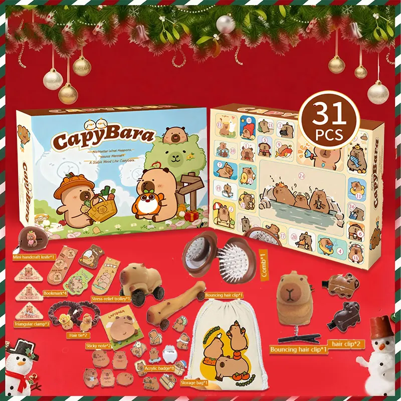 【セール中】新しいカピバラテーマのクリスマスアドベントカレンダー、ギフトフィギュアモデル、ブラインドボックス、子供向けDIYジュエリーヘアピンおもちゃ、カウントダウンカレンダー