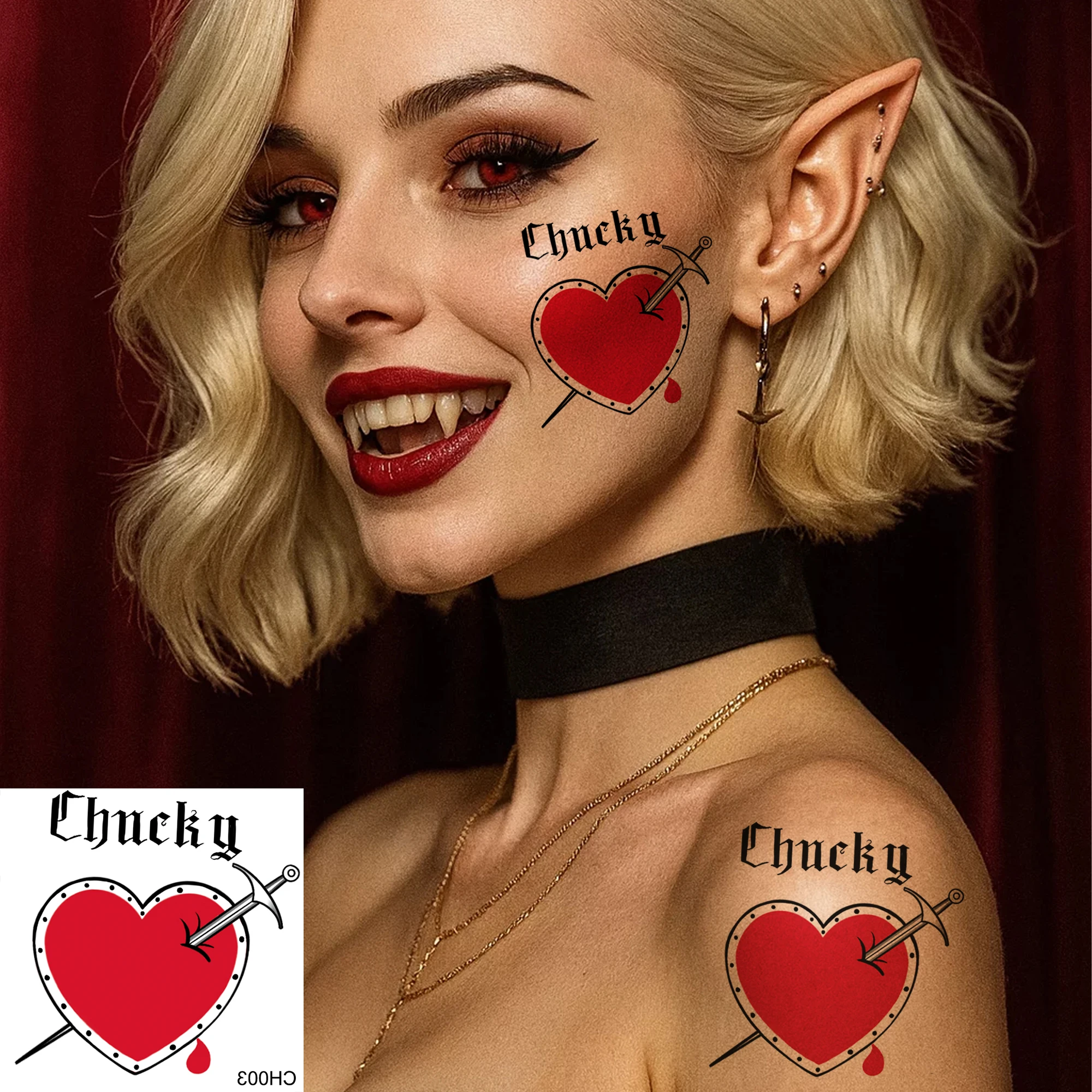 1 Sheet Halloween Realistic Fake Bleeding Impaled Chucky Heart Temporary Tattoo, Waterproof Durable Realistic Fake Tatoo Sticker