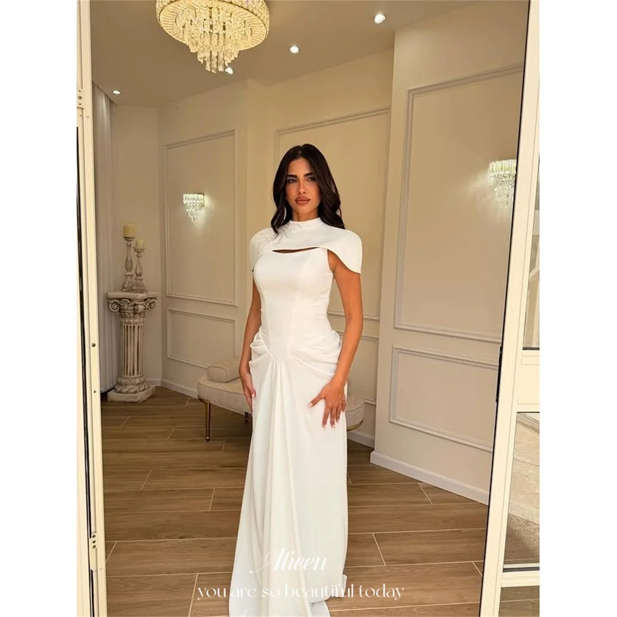Aileen Crepe High White Mermaid Bridal Wedding Dress Neck Cape Overlay Keyhole Cutout Detail Hip Ruching 2026 Ruched Customized