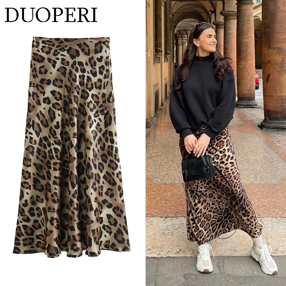 DUOPERI Women Fashion Leopard Printed Satin Textured Midi Skirt  High Waist Female Chic Lady Casual Long Skirt