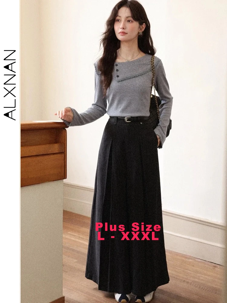 

ALXNAN Plus Size Women's T-shirt Asymmetric Button Detailing Ruffle Trim Long Sleeve Tees Loose-fit Casual Versatile Tops D57507
