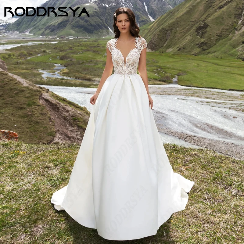 RODDRSYA-Robe de mariée trapèze en dentelle à col en V, manches cape Boho, poche insérable, fête des patients, satin doux, robe dos nu sexy Robe de mariée trapèze en dentelle à col en V, manches cape Boho, poche inséra