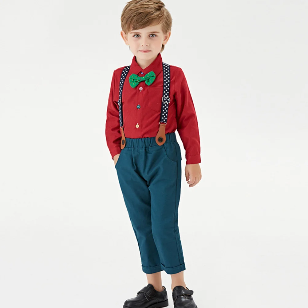 

1Set Kids Festive Suit Set Long Sleeve Bow Tie Shirt with Suspender Trousers Smooth Comfortable Fabric for Wedding Christmas