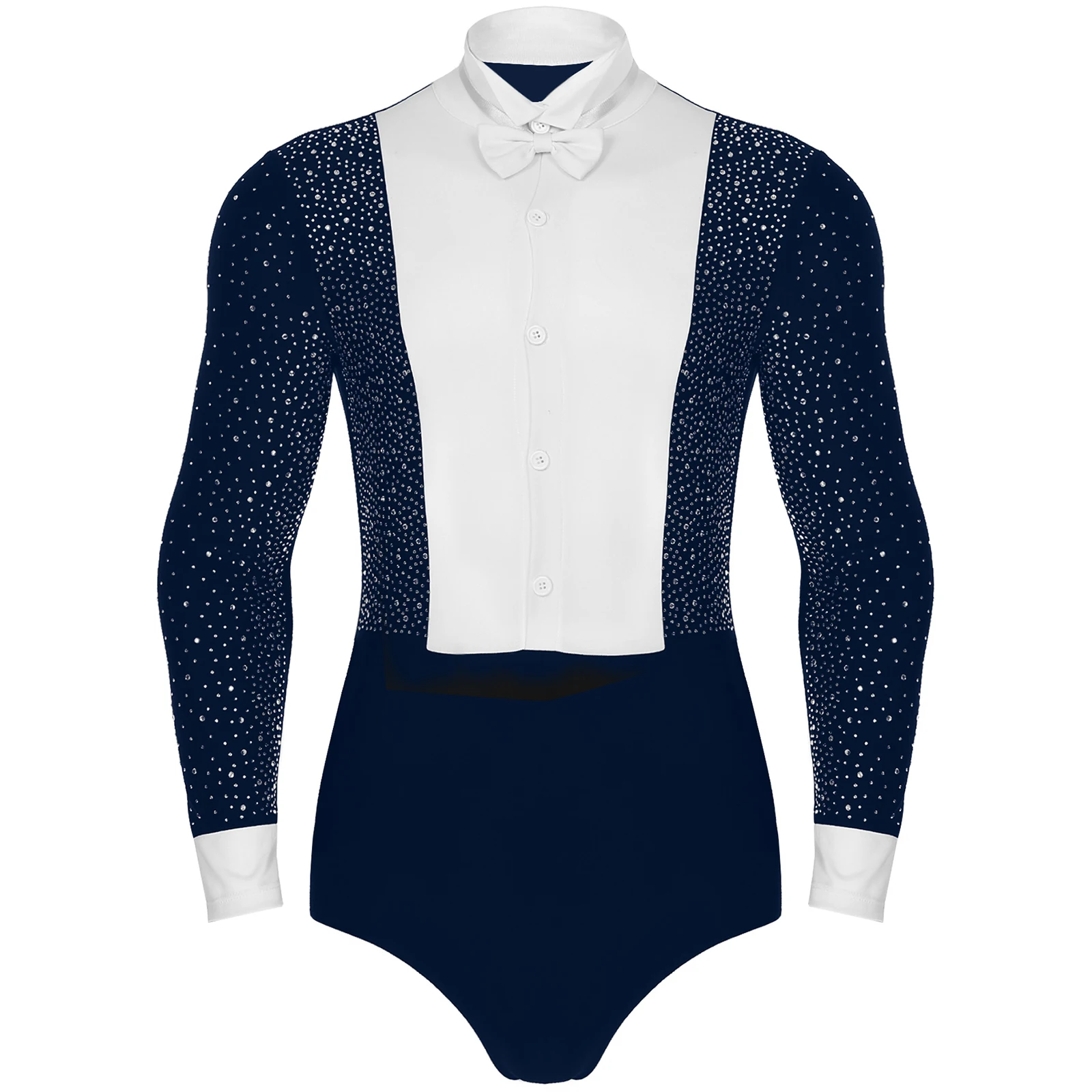 

Men Leotard Latin Rumba Ballroom Ballet Dance Costume Long Sleeves Shiny Rhinestones Shirts Bodysuit with Bowtie Dancewear