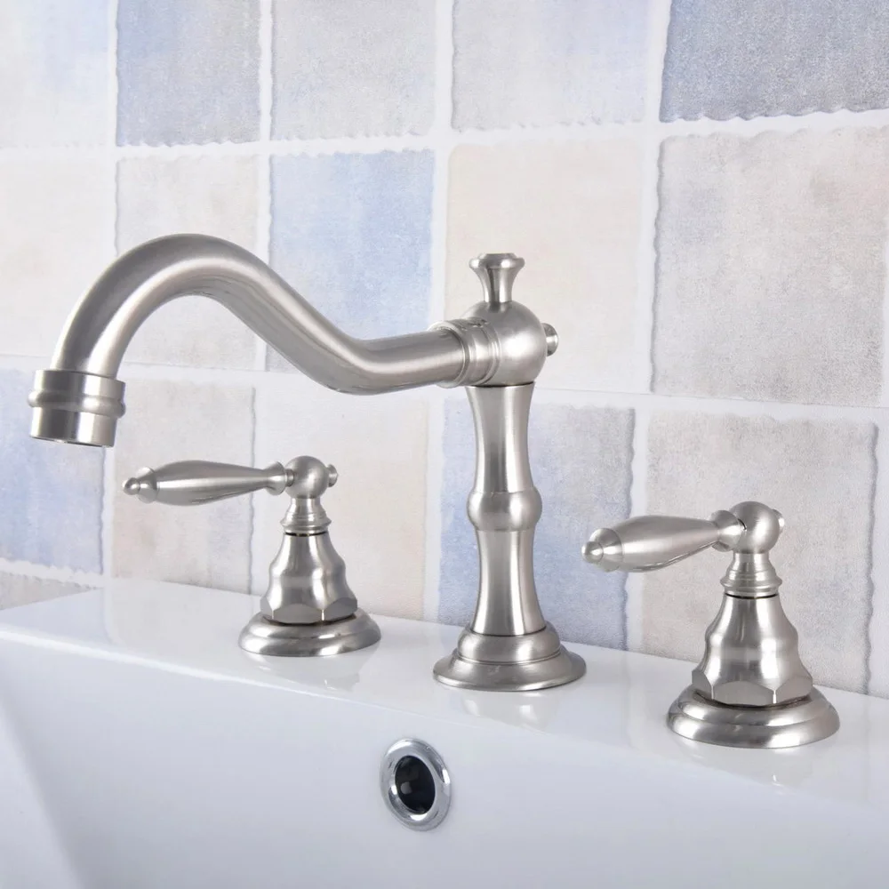 

Deck Mounted Brushed Nickel 8" Widespread 3 Hole Basin Faucet Dual Handles Bathroom Tub Sink Mixer Taps Lnf691