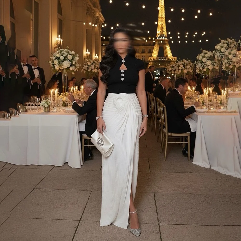 Formal Evening Dress Customized High Neck Pearl Button Jersey Evening Gowns Pleat Trumpet Fashion Contrast Color Party Dresses