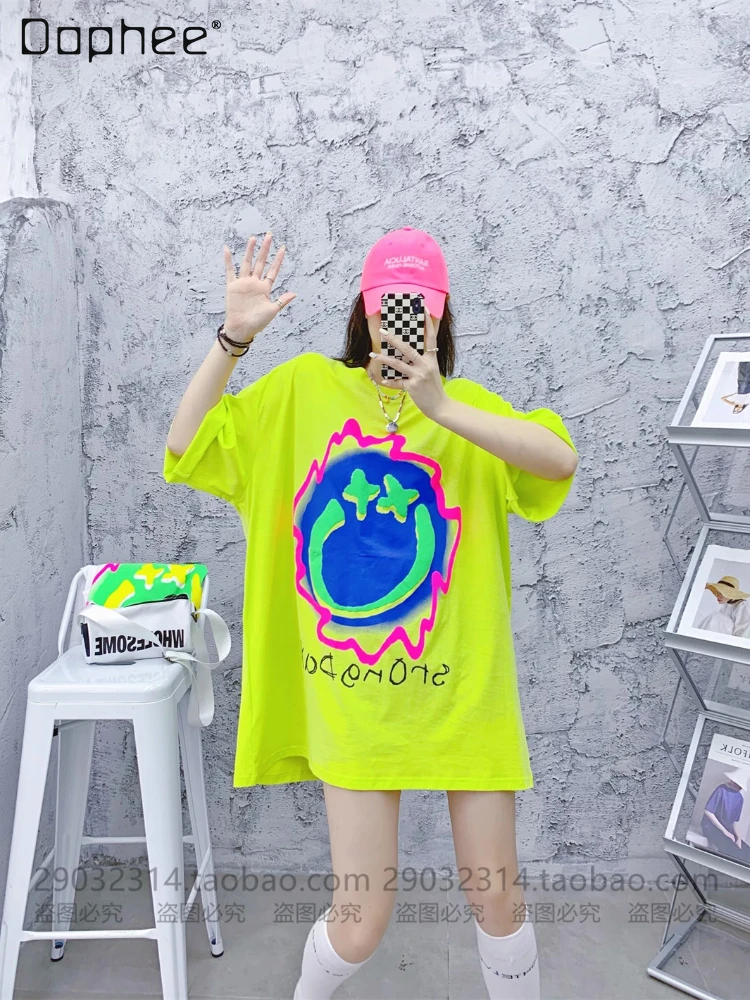 

Oversized T Shirt Fashionable Cartoon Printed Short Sleeve Cotton T-shirt Women's 2023 Summer New Loose Mid-Length Top Female