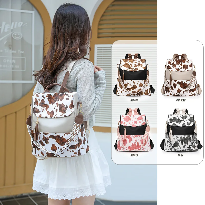 PU leather spliced contrasting color women's backpack, simple bow, large-capacity multi-purpose single-shoulder bag