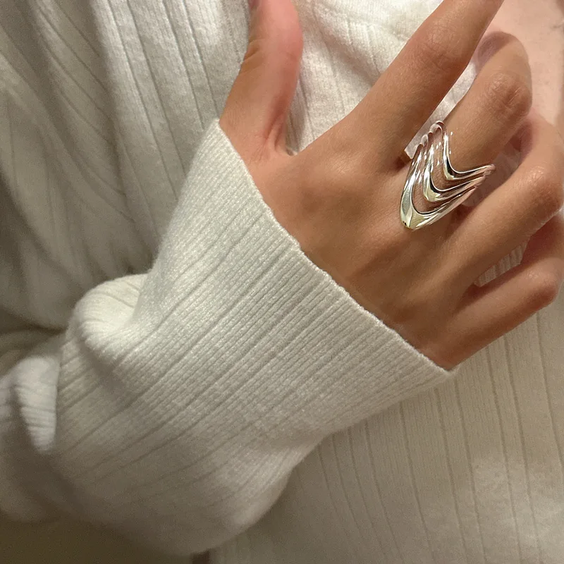 PANJBJ 925 Sterling Silver Three Layers Ring For Women Hollow Out Punk Exaggerated Minimalism Design Jewelry Gift Dropshipping