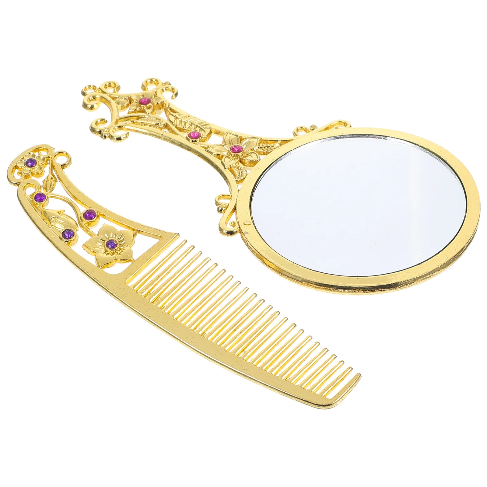

Mirror Handle Comb Set Portable Hair Compact with Brush Golden Small Woman