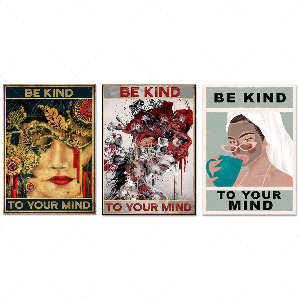 Be kind to your mind retro poster, floral skull, flower head poster, female mental health awareness, mental health issues poster