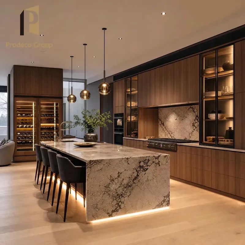Modern Walnut Kitchen Cabinet Set Luxury Design Home Storage Cabinets for Villa Project