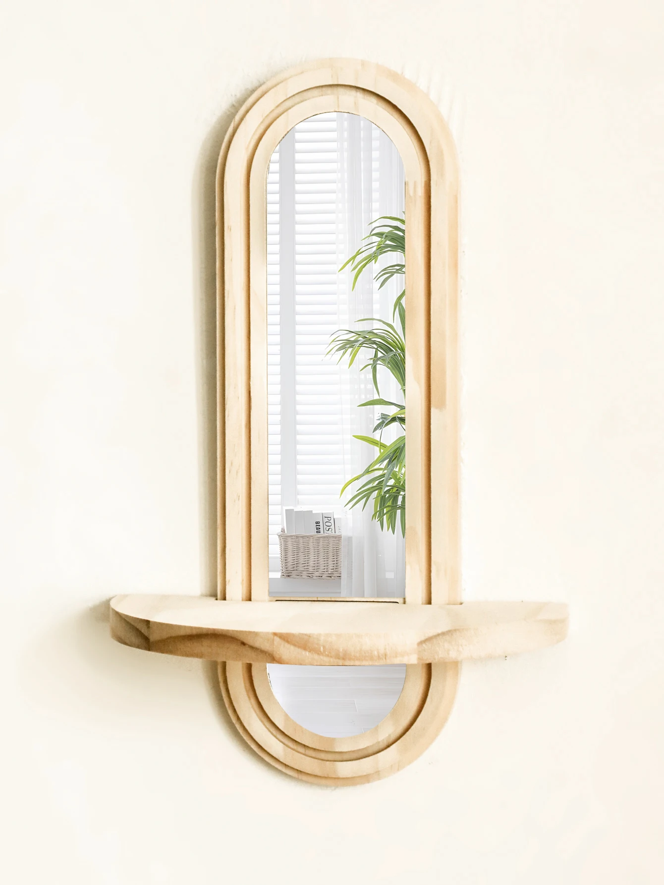1pc Wooden Wall Shelves Boho Wall Mirror Natural Wood Finish Shelf Plant Display Stand for Bedroom Living Room Home Organization view 6
