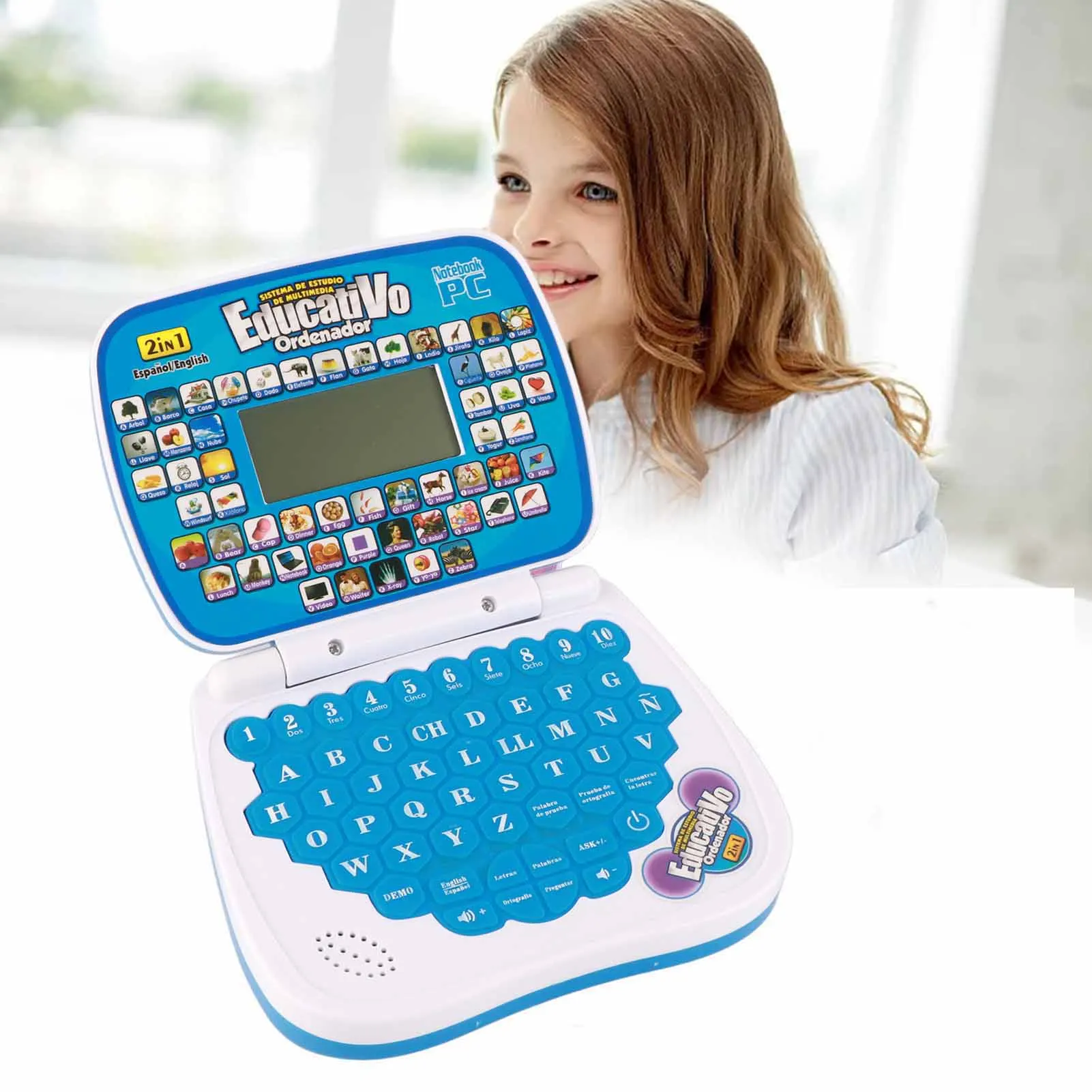 Macchina per l'apprendimento dei bambini Funzione musicale inglese spagnolo Laptop educativo interattivo per bambini Rosa