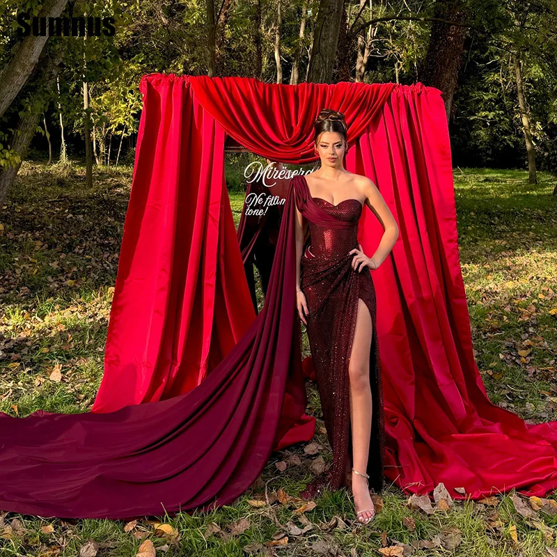 

Sumnus Sparkly Mermaid Prom Dress Burgundy Sweetheart Side Slit Pleats Maxi Evening Dress فساتين سهرة Customized