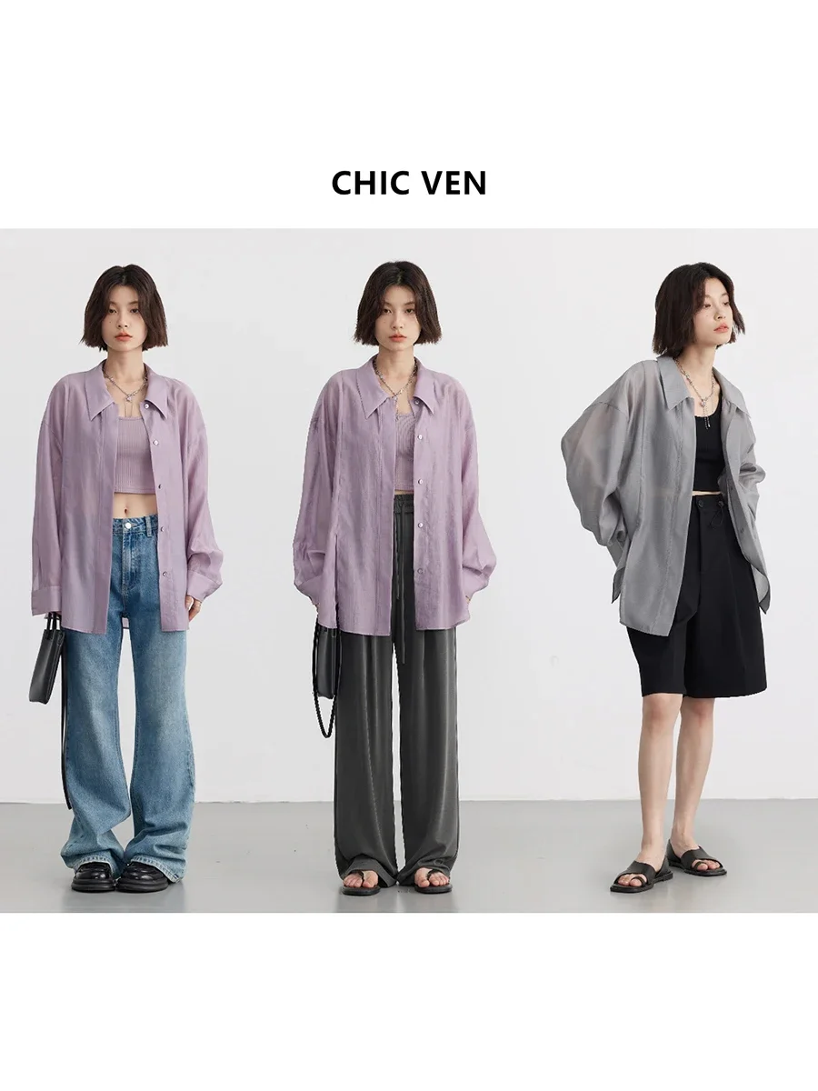 CHIC VEN Women Thin Shirt Long Sleeve Casual Loose Slightly Transparent Cool Blouses Woman Solid Design Female Top Summer 2024