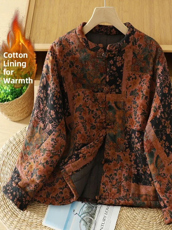 

High-End Vintage Chinese Sle Loose Fit Cotton Jaet Stand Collar Versatile New Design Winter Top for Women Floral Print