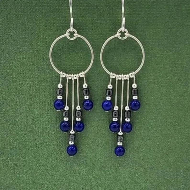 Lapis lazuli earrings, handmade hoop earrings, five pendant gemstone earrings