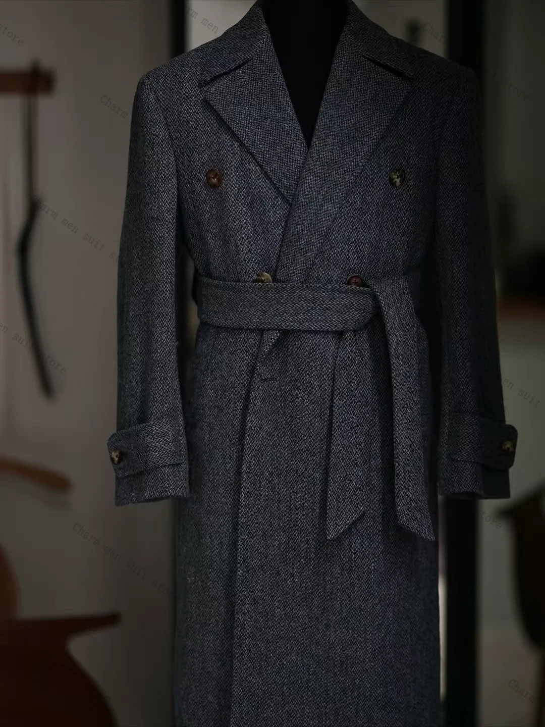 

Cashmere Men Suits 1Pcs Blazer Belted Long King Coat Wedding Tuxedos Woolen Formal Office Customized Prom Dress Jacket Coat