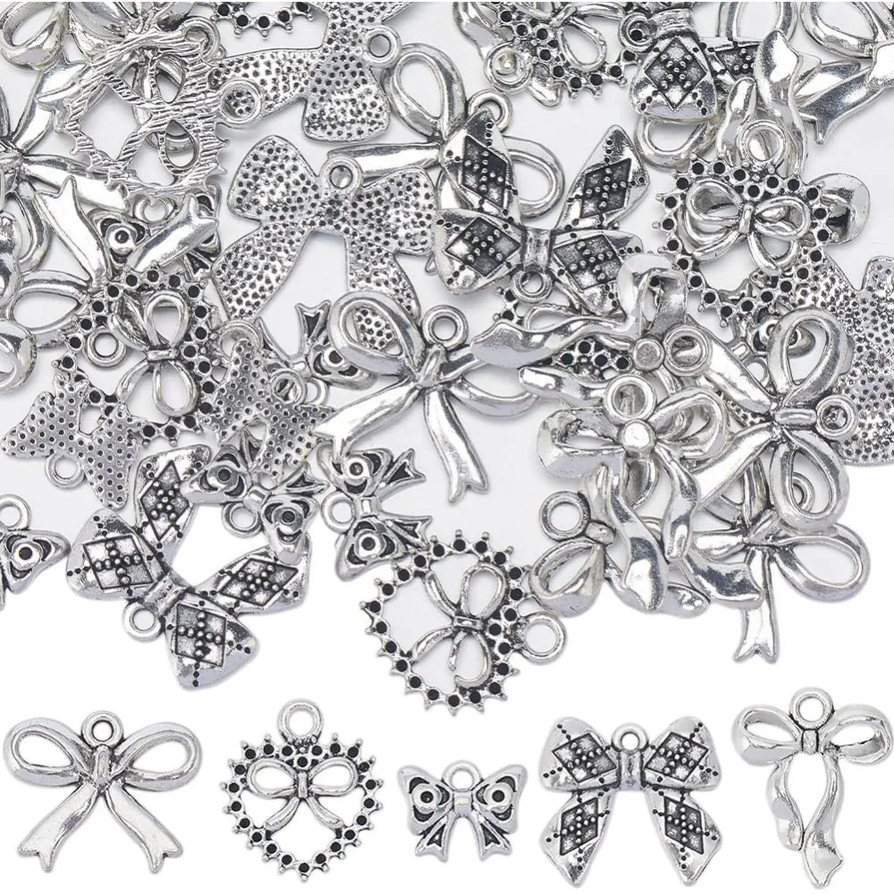 50 ชิ้น 5 รูปแบบ Bow Charms Bowknot Charm Silver Hollowed ทิเบตสไตล์ฮาโลวีนคริสต์มาส Charms สําหรับเครื่องประดับทําชุด