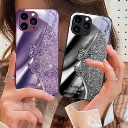Golden Butterfly For IPhone 16 Pro Max 15 Pro 14 13 12 Mini 11 XS Max XR 7 8 Plu SE 2022 Tempered Glass Phone Case